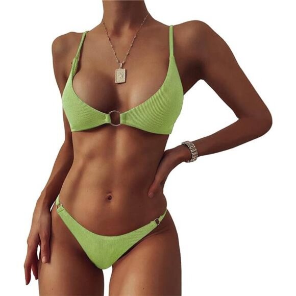 Women's Ribbed O-Ring Bikini Set Cheeky Thong High Waist Swimsuit